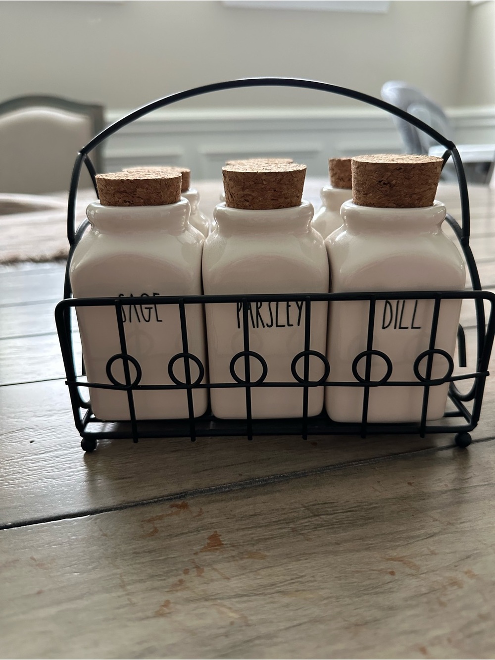 Rae Dunn Ceramic Spice Jar Set with Cork Lids and Black Wire Caddy